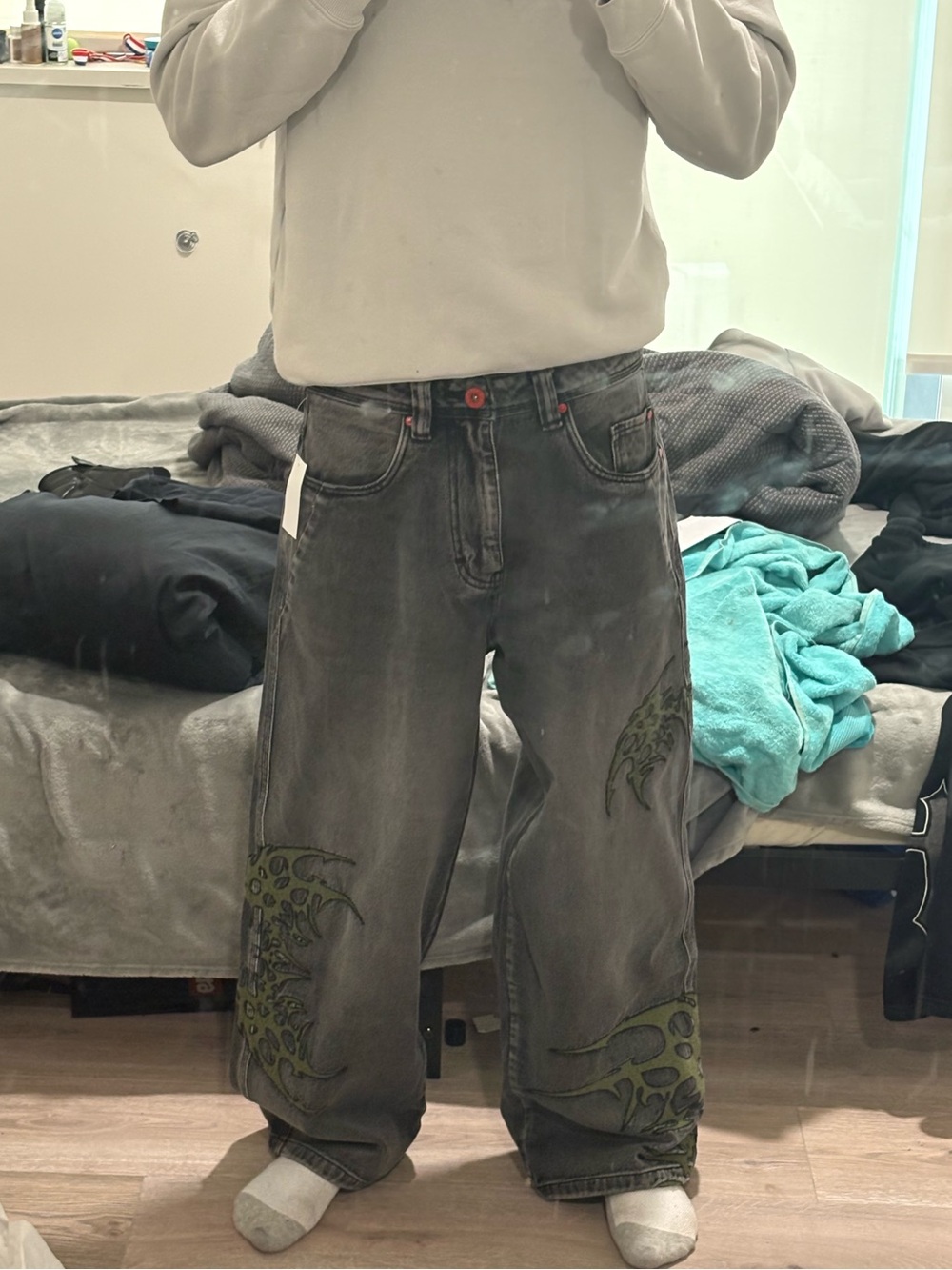 Vitriol Grey Baggy Pants with Green Accents